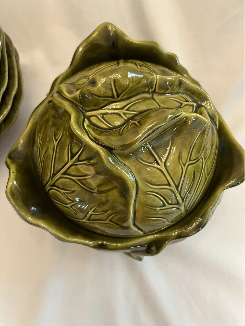 Vintage 1971 Holland Mold Green Cabbage Shaped Tureen with Bowls